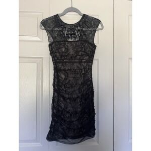 Bebe Lace Ruched Bodycon Form Fitting Dress Black Lace with Jewel Neckline Sz XS